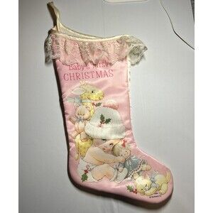 Vintage Baby’s First Christmas Pink Stocking Satin Lace Trim Morehead Inc